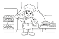 The inside of a cozy bakery with shelves of bread and a baker – Classic Bakery & Bread coloring page
