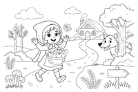 Little Red Riding Hood on the forest path with the cottage in the distance and the wolf hiding behind a tree – Little Red Riding Hood Story coloring page