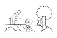 Little Red Riding Hood on the forest path with the cottage in the distance and the wolf hiding behind a tree – Little Red Riding Hood Story coloring page