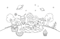 Aliens having a picnic on their colorful planet – Friendly Alien coloring page
