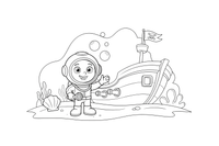 A diver exploring a sunken pirate ship – Deep Sea Diver Submarine coloring page