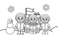 A masked crowd celebrating and eating pancakes at a snowy winter fair – Pancake Day Winter Treat coloring page