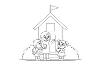 A first day of school scene with kids and a teacher – School coloring page