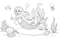 Mermaid swimming past an underwater castle – Mystical Mermaid coloring page
