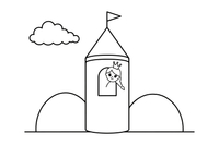 A tall castle tower with a princess leaning out and her long braid hanging down – Castle coloring page
