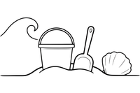 A bucket and a spade standing in the sand with a little pile of sand – Sunny Beach & Seaside coloring page