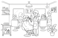 A busy salon with styling stations, mirrors and people getting haircuts – Hair Salon coloring page