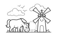 Horse grazing near a windmill – Galloping Horse Farm coloring page