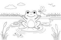 A pond scene with lily pads, reeds, a frog and a dragonfly – Water Plants coloring page