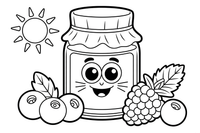 A jar of berry jam with fresh berries beside it – Juicy Berries coloring page