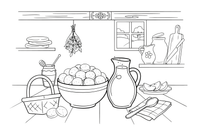 A bowl full of small round biscuits next to a jug of poppy-seed milk – Traditional Lithuanian Food coloring page