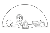 Thumbelina sitting by a cozy fire in the field mouse's burrow – Thumbelina Story coloring page
