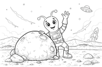 A friendly Martian waving from behind a rock – Mars coloring page