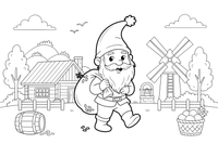A tiny bearded house gnome carrying a sack of grain – Lietuviškos pasakos coloring page