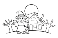 A witch in front of a haunted house – Witch coloring page