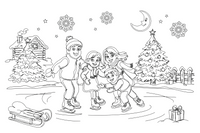 A family ice skating together on a frozen pond – Christmas Winter Festivities coloring page