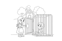 Gretel opening a cage door to free her brother – Hansel and Gretel Story coloring page