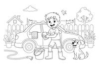 A child washing the car with a bucket and sponge – Chores & Helping coloring page