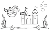 Mermaid swimming past an underwater castle – Mystical Mermaid coloring page