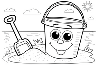 A bucket and a spade standing in the sand with a little pile of sand – Sunny Beach & Seaside coloring page
