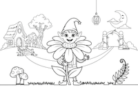 An elf peeking out from behind a flower with pointy ears – Enchanted Magic Folk Fairytale Characters coloring page