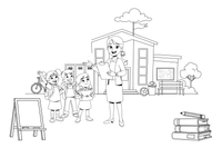 A first day of school scene with kids and a teacher – School coloring page