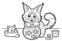 Maine Coon pawing at goldfish in a bowl – Maine Coon Cat Mischief coloring page