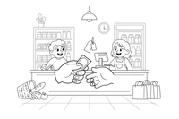 One hand giving money and another hand taking it at the till – Cozy Grocery Store coloring page