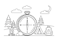 A round compass pointing north – Essential Camping Gear coloring page