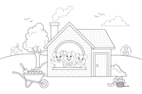 The three pigs safe inside the strong brick house, smiling out the window – The Three Little Pigs Story coloring page