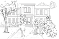 A first day of school scene with kids and a teacher – School coloring page