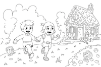 The two children running away from the candy house holding hands – Hansel and Gretel Story coloring page