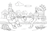 A round chubby man in thick winter clothes and a tall skinny man in light clothes having a playful tug-of-war in a snowy square – Pancake Day Winter Treat coloring page