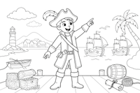 An explorer standing by three little sailing ships on the sea (a voyage of discovery) – Historic People Around the World coloring page