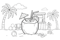 A coconut drink with a straw and a little umbrella – Refreshing Drinks coloring page