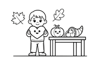 A child holding a "thank you" heart by a table – Thanksgiving Autumn coloring page