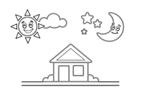 A bright sun over a house on one side and a moon with stars over the same house on the other – Opposite Concepts coloring page