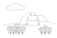 A meadow with a haystack and wildflowers – Lithuanian Nature Plants coloring page