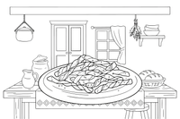 A plate of thin twisted crispy cookies dusted with powdered sugar – Traditional Lithuanian Food coloring page