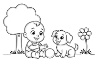A baby and a puppy playing together – Baby coloring page