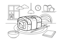 A sushi roll with chopsticks beside it – Yummy Meals coloring page
