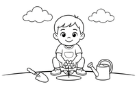 A child gardening, planting a little flower – Kids' Activities coloring page