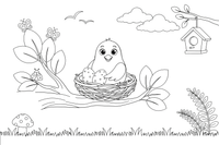 A bird sitting in a round nest of twigs with little eggs – Animal Homes coloring page