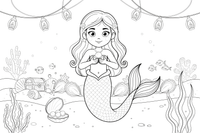Mermaid holding a pearl in an oyster bed – Mystical Mermaid coloring page