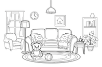 A cozy living room scene with a sofa, a lamp, a rug and a plant – Around the House Object coloring page