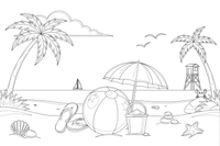 A beach ball, a bucket and flip-flops lying on the sand – Sunny Beach & Seaside coloring page