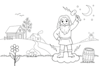 A thunder god with a beard, holding a hammer, standing on a cloud – Lietuviškos pasakos coloring page