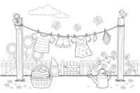 Clothes drying on a washing line in the garden – Clothes & Fashion coloring page