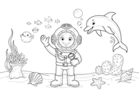 A diver meeting a friendly dolphin – Deep Sea Diver Submarine coloring page