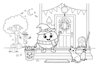 Pumpkin on a porch step by the front door – Halloween Autumn Creatures coloring page